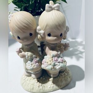Precious Moments Porcelain Girl Figurines with Baskets Filled With Flowers- 1985